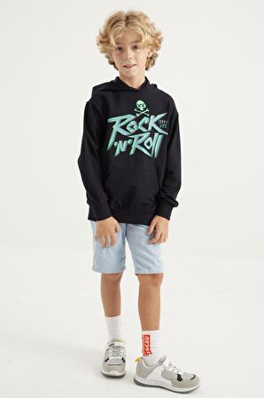 Lacivert Baskı Detaylı Standart Kalıp Kapüşonlu Erkek Çocuk Sweatshirt - 11002 | 8-9