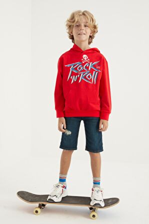 Kırmızı Baskı Detaylı Standart Kalıp Kapüşonlu Erkek Çocuk Sweatshirt - 11002 | 7-8