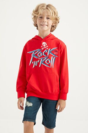 Kırmızı Baskı Detaylı Standart Kalıp Kapüşonlu Erkek Çocuk Sweatshirt - 11002 | 7-8