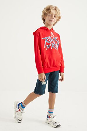 Kırmızı Baskı Detaylı Standart Kalıp Kapüşonlu Erkek Çocuk Sweatshirt - 11002 | 7-8