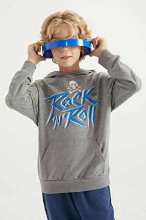 Gri Melanj Yazı Baskılı Kanguru Cepli Kapüşonlu Standart Kalıp Erkek Çocuk Sweatshirt - 11002 | 8-9 Yaş