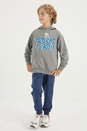 Gri Melanj Yazı Baskılı Kanguru Cepli Kapüşonlu Standart Kalıp Erkek Çocuk Sweatshirt - 11002 | 8-9 Yaş