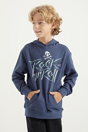 Petrol Baskı Detaylı Standart Kalıp Kapüşonlu Erkek Çocuk Sweatshirt - 11002 | 7-8