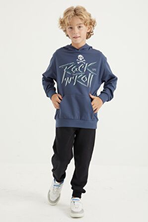 Petrol Baskı Detaylı Standart Kalıp Kapüşonlu Erkek Çocuk Sweatshirt - 11002 | 7-8