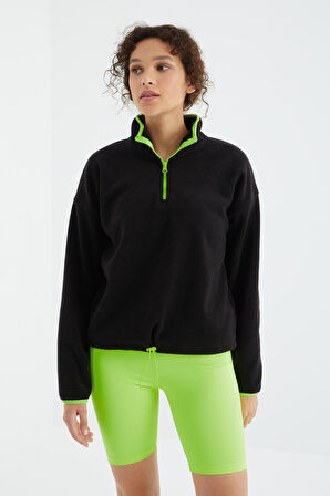 Siyah Yarım Fermuarlı Etek Ucu Büzgülü Dik Yaka Oversize Kadın Polar Sweatshirt - 97234 | L