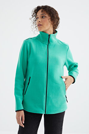 Deniz Yeşili Dik Yaka Fermuarlı Rahat Form Kadın Polar Sweatshirt - 97173 | M