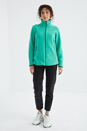 Deniz Yeşili Dik Yaka Fermuarlı Rahat Form Kadın Polar Sweatshirt - 97173 | M
