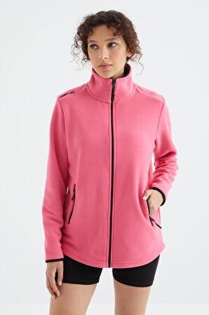 Fuşya Dik Yaka Fermuarlı Rahat Form Kadın Polar Sweatshirt - 97173 | M
