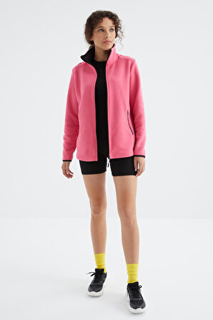 Fuşya Dik Yaka Fermuarlı Rahat Form Kadın Polar Sweatshirt - 97173 | M