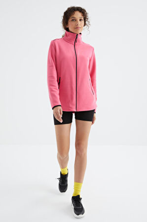 Fuşya Dik Yaka Fermuarlı Rahat Form Kadın Polar Sweatshirt - 97173 | M