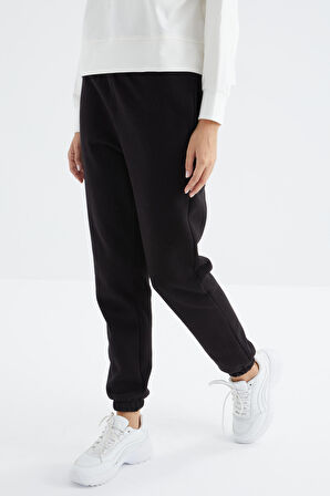 Siyah Yüksek Bel Rahat Form Basic Jogger Kadın Eşofman Alt - 94624 | L