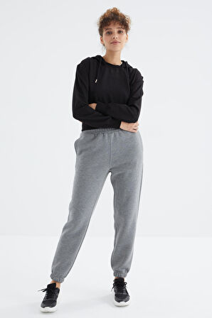 Gri Melanj Yüksek Bel Rahat Form Basic Jogger Kadın Eşofman Alt - 94624 | L