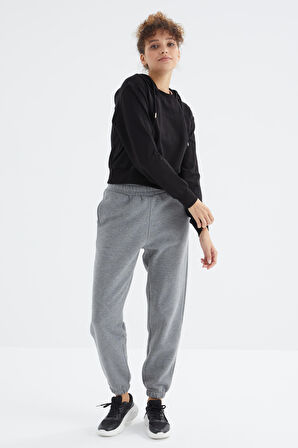 Gri Melanj Yüksek Bel Rahat Form Basic Jogger Kadın Eşofman Alt - 94624 | L