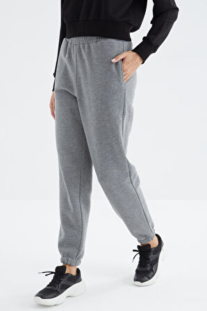 Gri Melanj Yüksek Bel Rahat Form Basic Jogger Kadın Eşofman Alt - 94624 | S