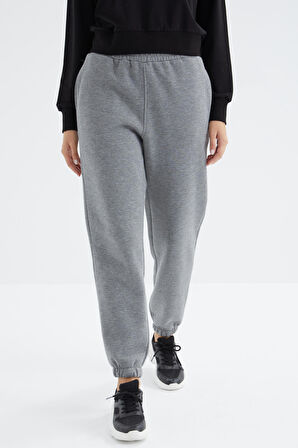 Gri Melanj Yüksek Bel Rahat Form Basic Jogger Kadın Eşofman Alt - 94624 | S
