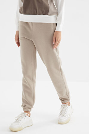 Koyu Bej Yüksek Bel Rahat Form Basic Jogger Kadın Eşofman Alt - 94624 | XL