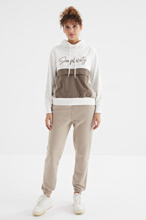 Koyu Bej Yüksek Bel Rahat Form Basic Jogger Kadın Eşofman Alt - 94624 | XL