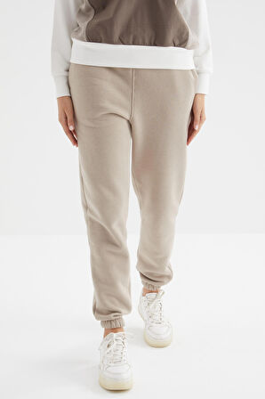 Koyu Bej Yüksek Bel Rahat Form Basic Jogger Kadın Eşofman Alt - 94624 | XL