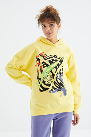 Limon Ön Baskılı Kapüşonlu Kadın Oversize Kadın Sweatshirt - 97248 | XL