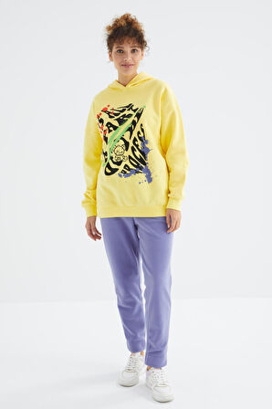 Limon Ön Baskılı Kapüşonlu Kadın Oversize Kadın Sweatshirt - 97248 | XL