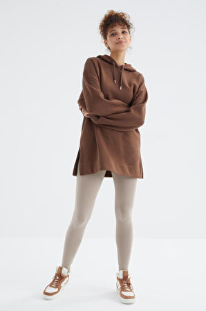 Kahverengi Reglan Kol Renk Detaylı Basıc Kapüşonlu Oversize Tunik - 97242 | L