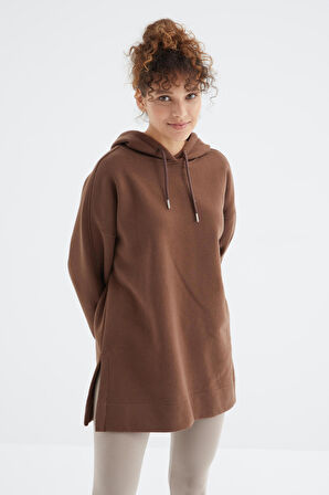 Kahverengi Reglan Kol Renk Detaylı Basıc Kapüşonlu Oversize Tunik - 97242 | L