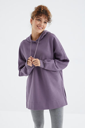 Eflatun Reglan Kol Renk Detaylı Basıc Kapüşonlu Oversize Tunik - 97242 | XL