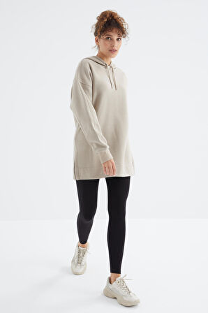 Koyu Bej Reglan Kol Renk Detaylı Basıc Kapüşonlu Oversize Tunik - 97242 | S