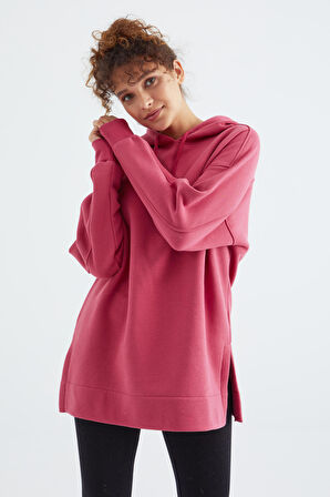 Yaban Gülü Reglan Kol Renk Detaylı Basıc Kapüşonlu Oversize Tunik - 97242 | XL