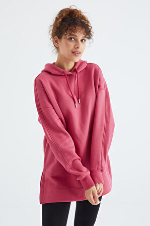 Yaban Gülü Reglan Kol Renk Detaylı Basıc Kapüşonlu Oversize Tunik - 97242 | XL