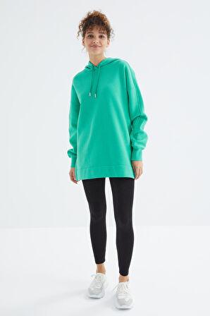 Deniz Yeşili Reglan Kol Basic Kapüşonlu Oversize Tunik - 97242 | L
