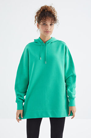 Deniz Yeşili Reglan Kol Basic Kapüşonlu Oversize Tunik - 97242 | S