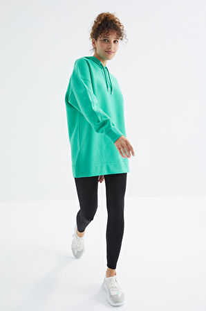 Deniz Yeşili Reglan Kol Basic Kapüşonlu Oversize Tunik - 97242 | XL