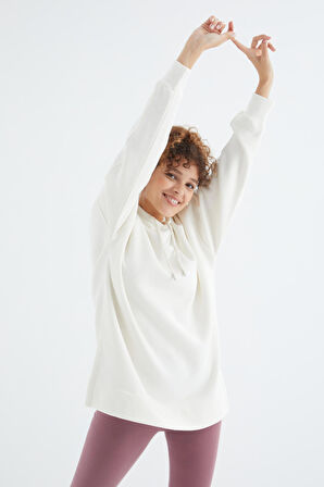 Ekru Reglan Kol Renk Detaylı Basıc Kapüşonlu Oversize Tunik - 97242 | XL