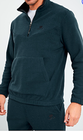 Orman Yeşil - O.yeşil Yarım Fermuar Lastik Paça Polar Erkek Eşofman Takımı - 85159 | XL