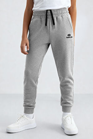 Gri Melanj Standart Fit Manşetli İnce Erkek Çocuk Eşofman Alt - 11062