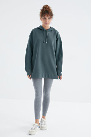 Orman Yeşili Reglan Kol Basic Kapüşonlu Oversize Tunik  - 97242 | M