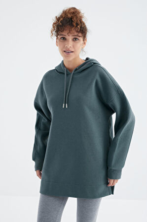 Orman Yeşili Reglan Kol Basic Kapüşonlu Oversize Tunik  - 97242 | S