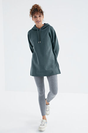 Orman Yeşili Reglan Kol Basic Kapüşonlu Oversize Tunik  - 97242 | S
