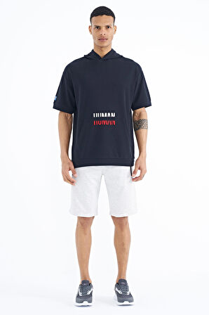 Lacivert Kanguru Cepli Yazı Nakışlı Kapüşonlu Erkek T-Shirt - 88195 | S
