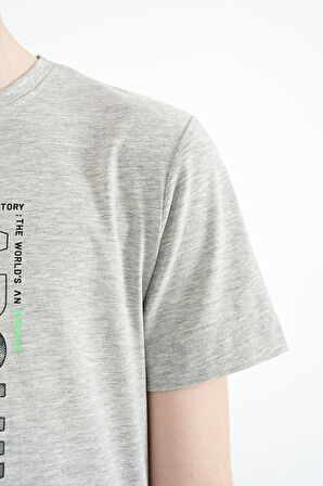 Gri Melanj Ön Baskı Detaylı O Yaka Standart Kalıp Erkek Çocuk T-Shirt - 11099