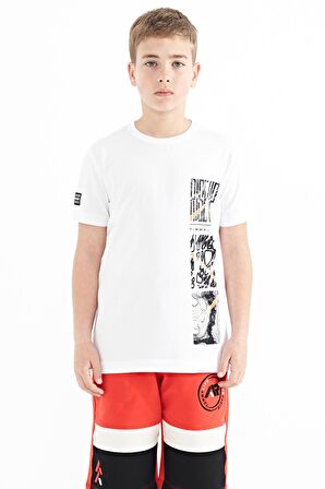 Beyaz Baskı Detaylı O Yaka Standart Kalıp Erkek Çocuk T-Shirt - 11104 | 12-13