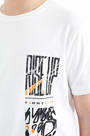 Beyaz Baskı Detaylı O Yaka Standart Kalıp Erkek Çocuk T-Shirt - 11104 | 12-13