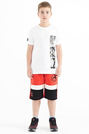 Beyaz Baskı Detaylı O Yaka Standart Kalıp Erkek Çocuk T-Shirt - 11104 | 12-13
