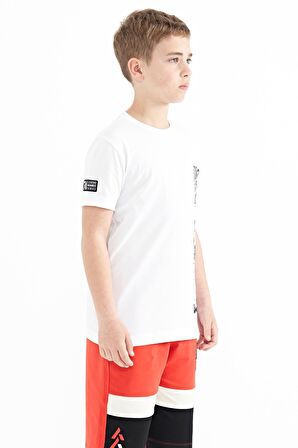 Beyaz Baskı Detaylı O Yaka Standart Kalıp Erkek Çocuk T-Shirt - 11104 | 12-13