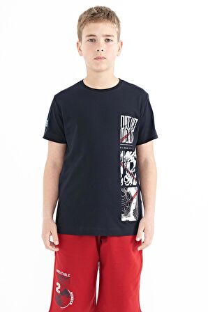 Lacivert Baskı Detaylı O Yaka Standart Kalıp Erkek Çocuk T-Shirt - 11104 | 12-13