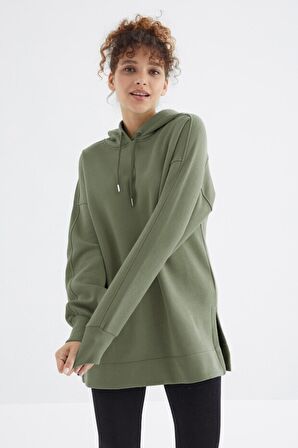 Çağla Reglan Kol Basic Kapüşonlu Oversize Tunik - 97242 | L