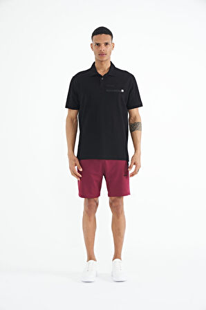 Siyah Yazı Baskılı Standart Form Polo Yaka Erkek T-shirt - 88236 | XXL