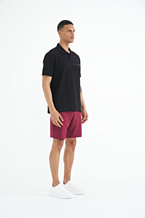 Siyah Yazı Baskılı Standart Form Polo Yaka Erkek T-shirt - 88236 | XXL