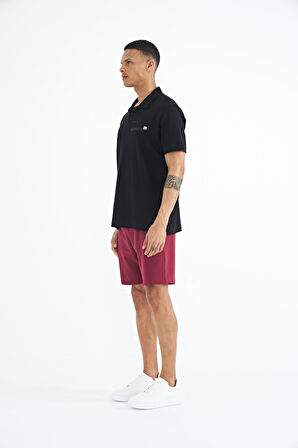 Siyah Yazı Baskılı Standart Form Polo Yaka Erkek T-shirt - 88236 | XXL